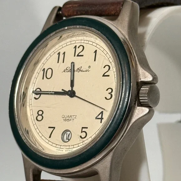 Eddie Bauer Field Watch Green Bezel Cream Dial New Battery - Picture 3 of 12